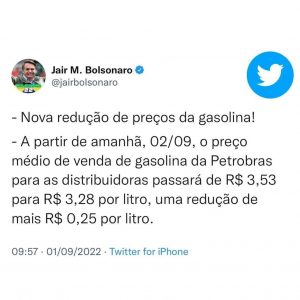 Leia mais sobre o artigo Bolsonaro reduz preço de Gasolina